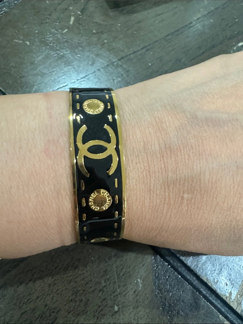 Black and Gold Enamel CC Bangle Bracelet